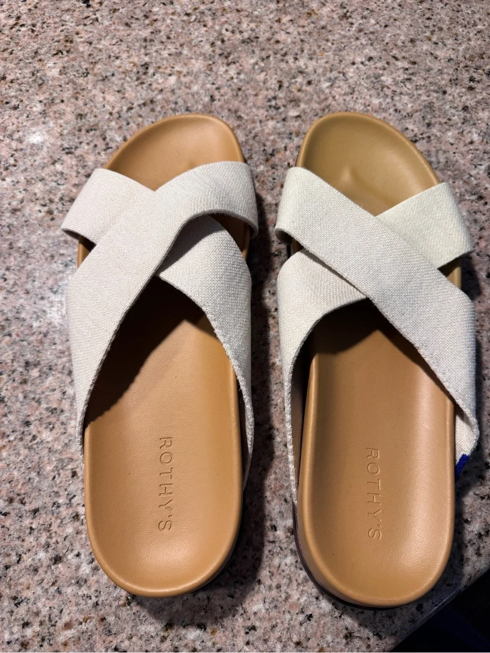NWOT Rothy's Cream Cross-Strap Slide Sandals with Tan Footbed